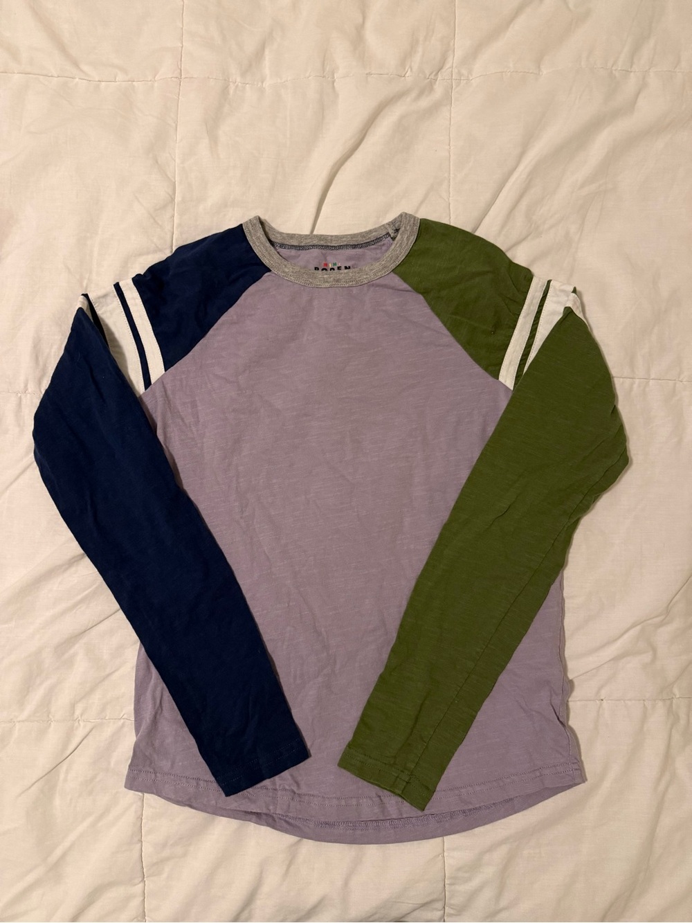 Mini Boden Lavender Raglan Long-Sleeve Shirt with Navy & Olive Sleeves